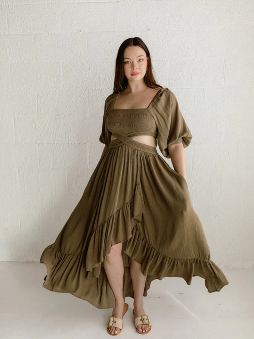 Free People Cross My Heart Maxi Smocked Cutout Balloon Sleeve Tiered Dress XS